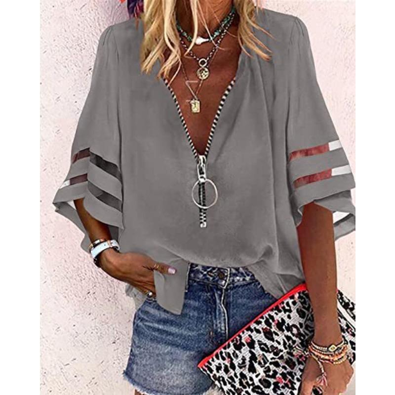 YYFS Women's Fashion Casual Summer Spring Solid Color Print 1/2 Sleeves V-Neck Blouses & Shirts