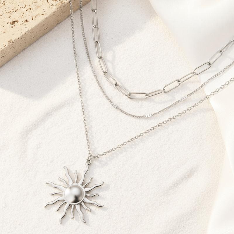 Stainless Steel Vintage Sun Pendant Necklace for Women Simple Metal Multi-Layer Thin Chain Clavicle Chain Fashion Party Jewelry