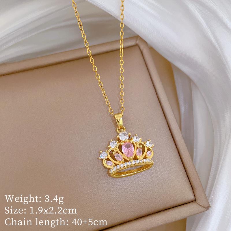 Empty Three-Dimensional Crown Light Luxury Temperament Gorgeous Full Diamond Necklace Female Versatile Collarbone Chain Titanium Steel Chain