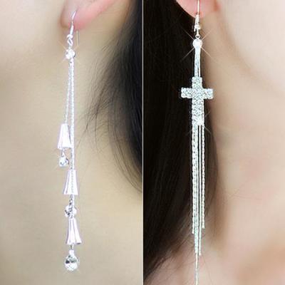 Femmes strass cloche croix pendentif fête de mariage longs glands boucles d'oreilles linéaires