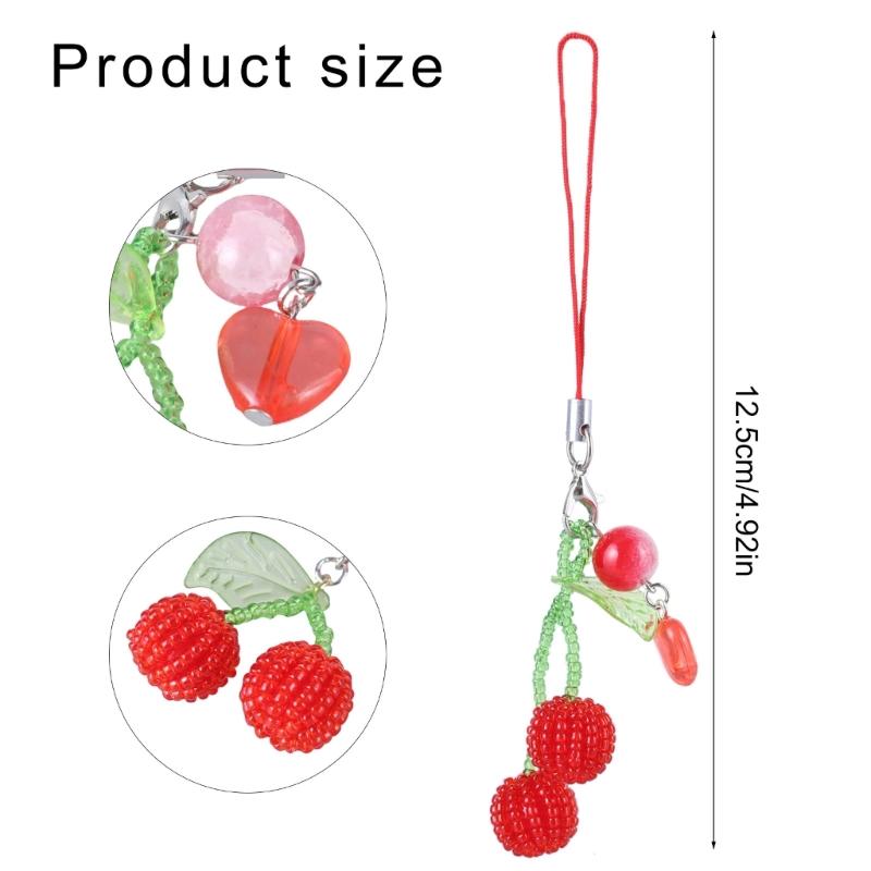 Beaded Cherries Pendant Sweet Phone Chain Strap Hanging Decoration Keychain Lanyard Small Gift for Women Girls