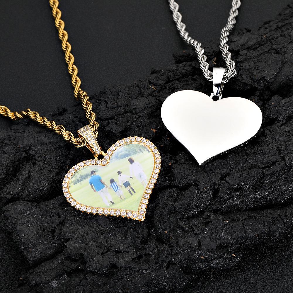 Personalized Men's Heart Pendant: European & American Hip Hop Necklace with Zircon-Embellished Photo Frame