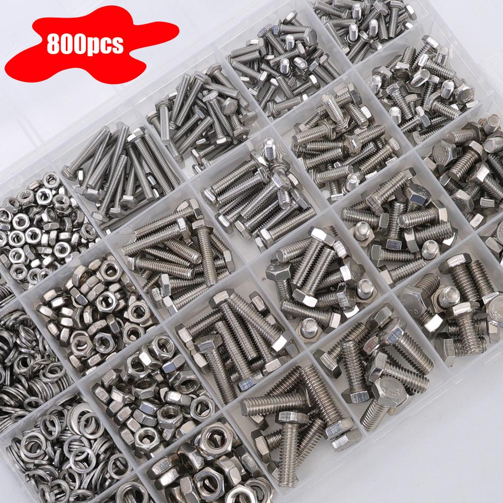 800pcs/Stainless Steel Hex Bolts, Screws, Nuts, Springs, Washers, J Nut Set, M3 M4 M5 M6 Machine Screws, Repair Tool Set