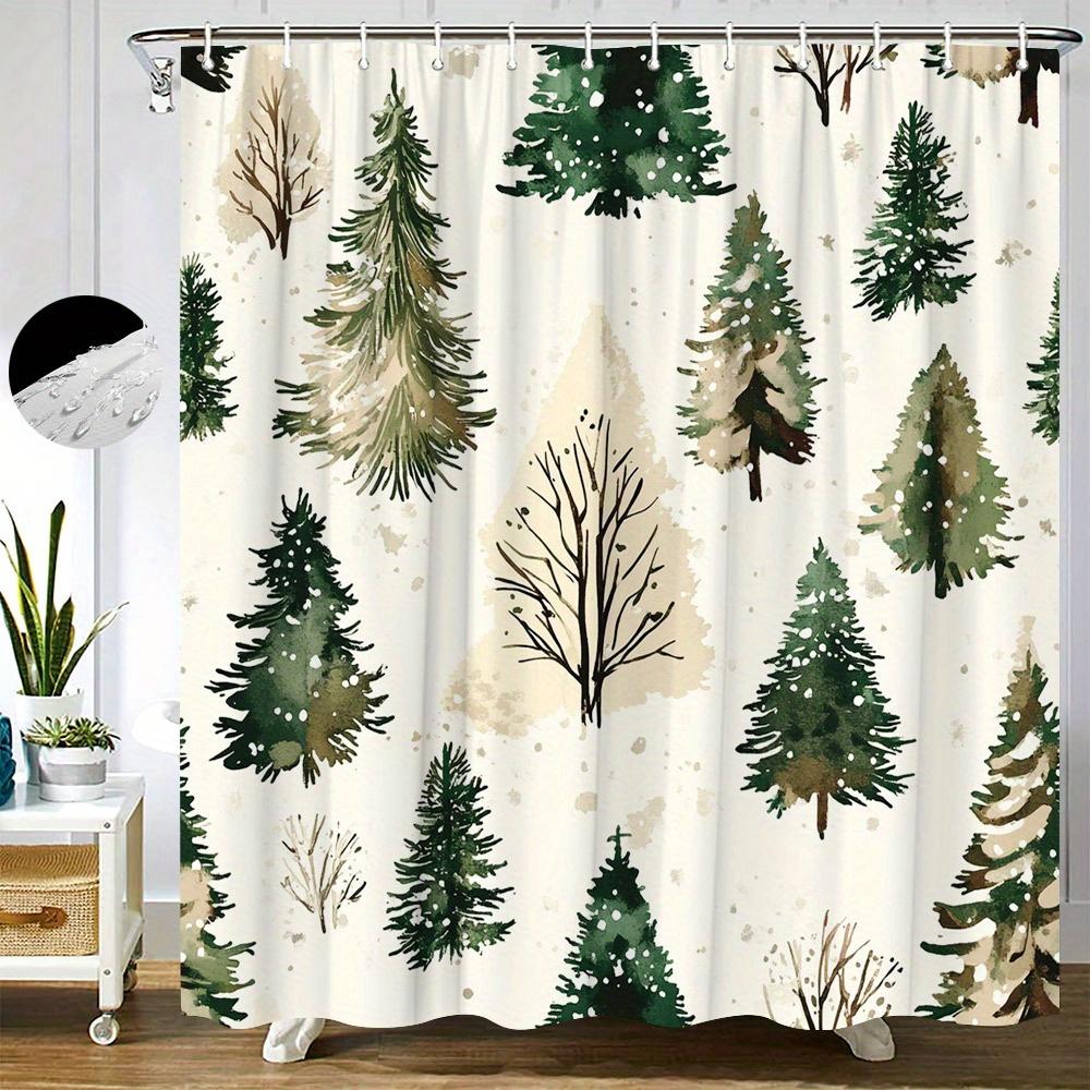 

1Pc Rustic Watercolor Evergreen Tree Shower Curtain Green, Brown & Beige On Cream Background Bathroom Decor 12 Hooks W60H190(CM)-1 Pcs