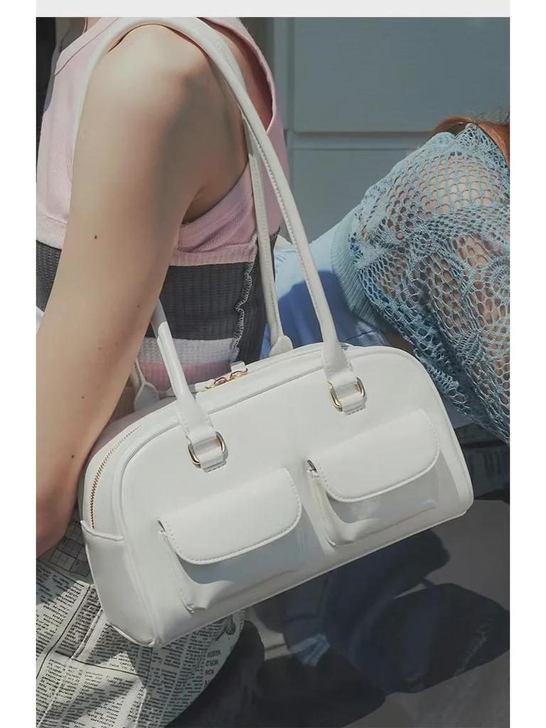 Korean Retro Wax Leather Bowling Shoulder Bag with Multi-Pockets