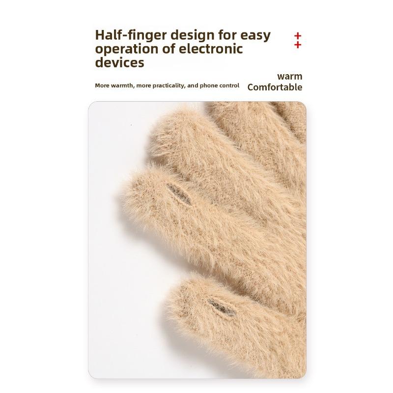 New Winter Women's Fleece-Lined Warm Outdoor Cycling Solid Color Finger-Design Touchscreen Convertible Knit Gloves