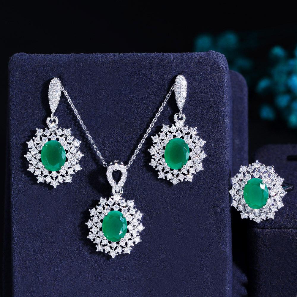 Necklace, Earrings, Ring, Ruby Three-Piece Chain, Micro-Zircon Popular Jewelry.