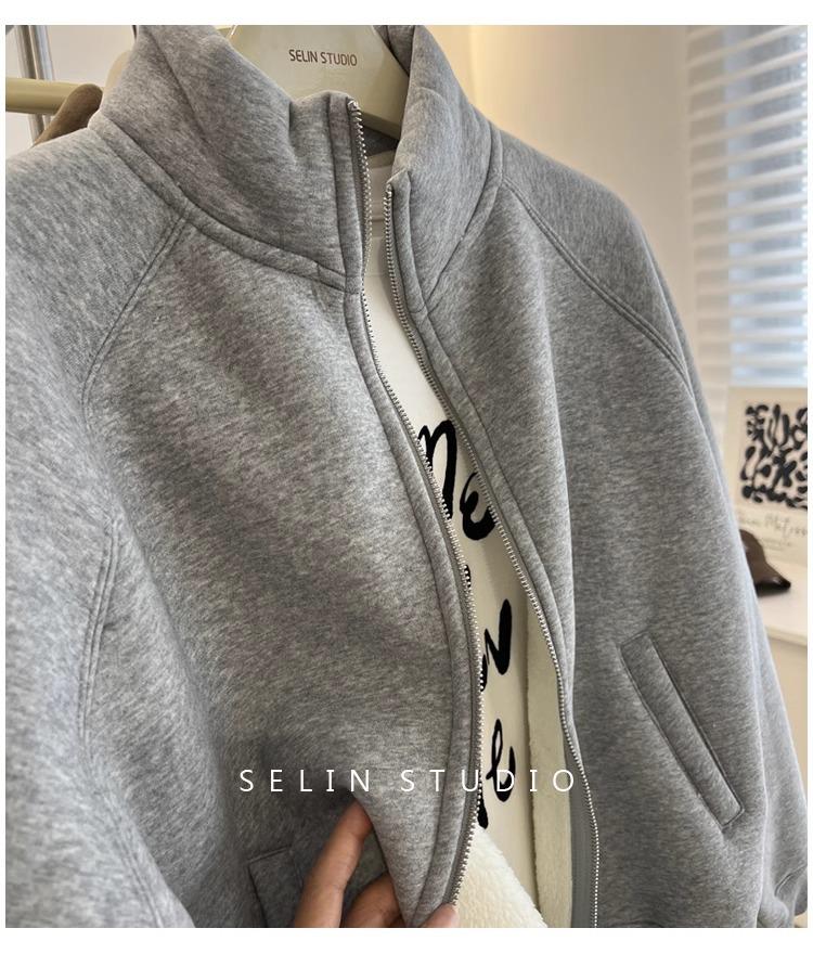 Women's Lambswool Fleece-Lined Stand Collar Zip-Up Cardigan – Thick, Versatile, Loose-Fit Winter Outerwear