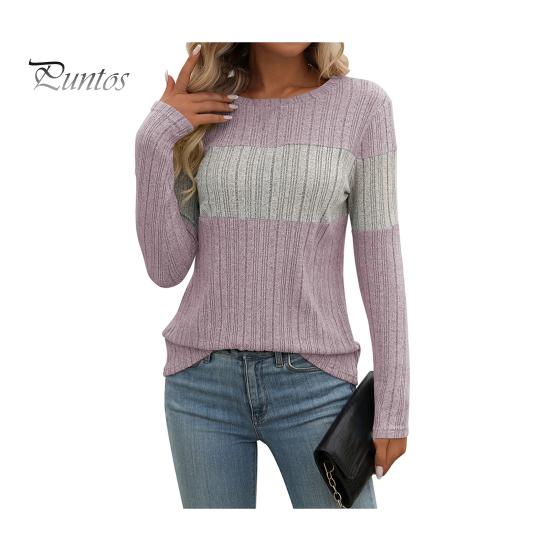 

Женские топы с круглым вырезом и длинным рукавом, цветные ребристые трикотажные топы свободного кроя, повседневные свитера, повседневная одежда 2XL светло-фиолетовый