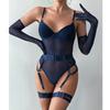 Womens Sexy Lace Bodysuit With Gloves Garter Belt Sheer Mesh Party Queen Costume