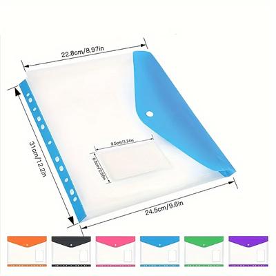 6PCS Plastic Envelope With Adhesive Snaps & 11 Holes File Folder Expansion Bag For 2/3/4 Ring File Bag A4 File Bag School Office