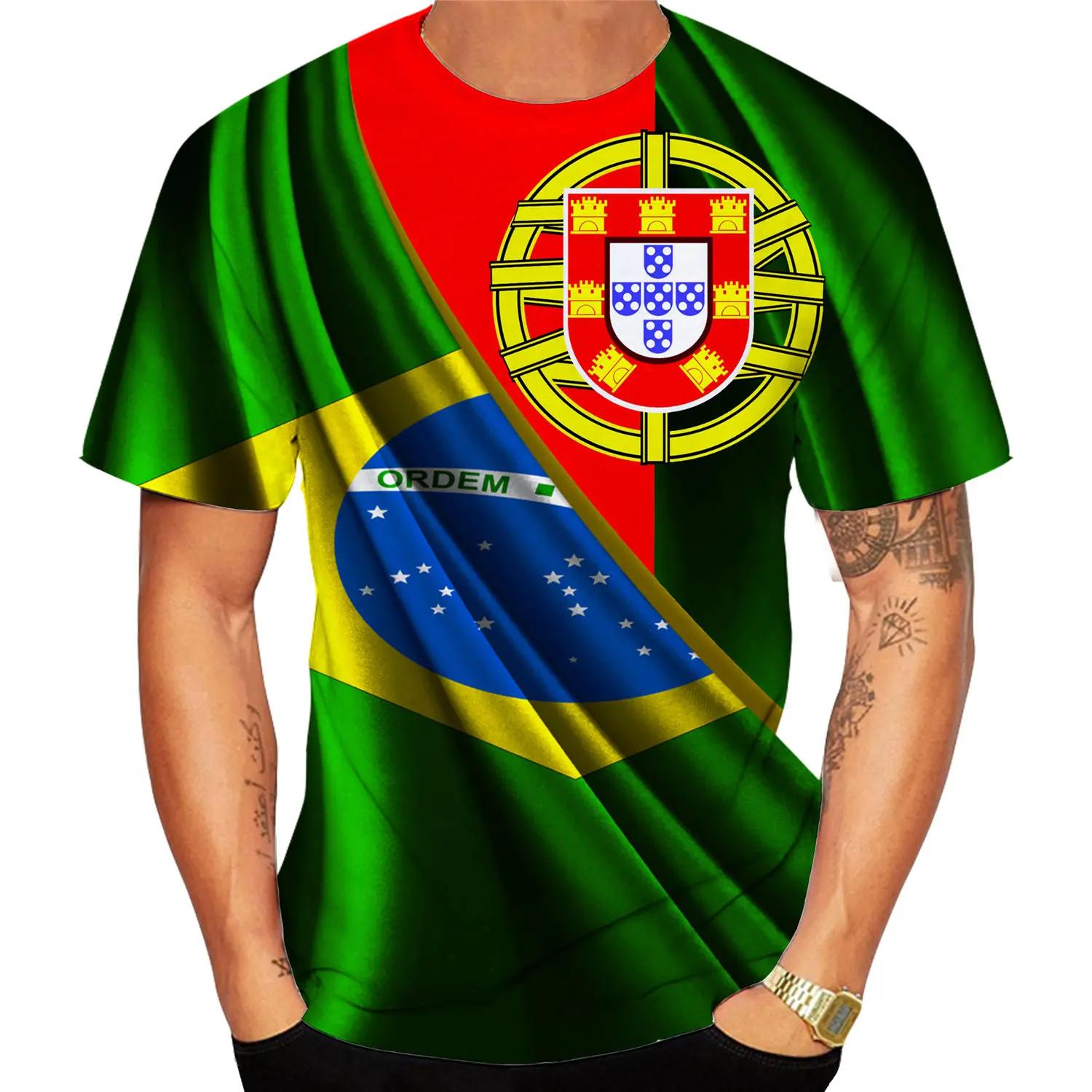 

Portuguese And Brazilian Flag 3D T-Shirtd Casual Crew Neck Short Sleeve Sport Men s T-shirts 6XL