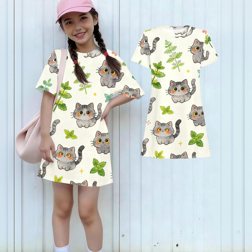 Girls Loose Fit Short Sleeve Dress Lightweight Round Neck Casual Dress with Animal Print Pattern for Kids Summer Wear