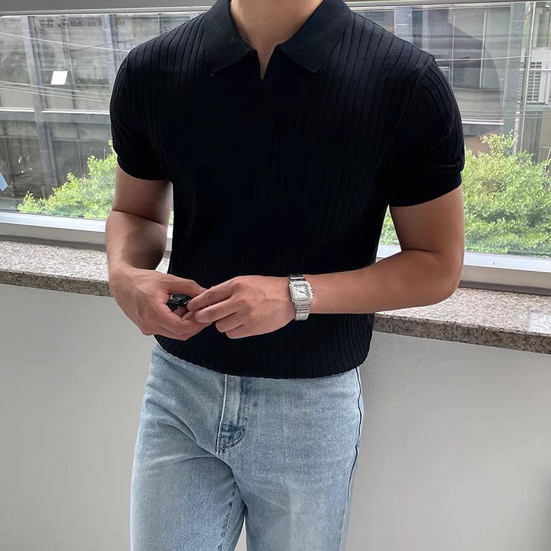 Men's Summer Slim Fit Korean Style Short Sleeve Polo Shirt, Turn-Down Collar, Solid Color, Casual Temperament.