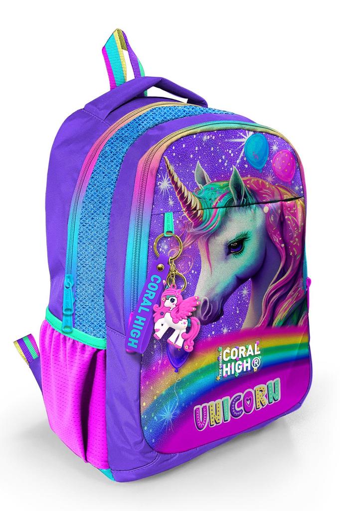 Coral High Kids Purple Glittery Unicorn Patterned Three Compartment School Backpack 23663