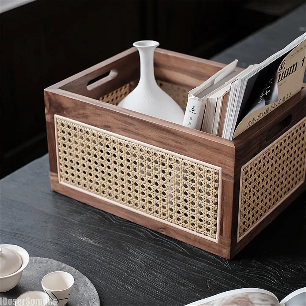 Retro Luxury Kitchen Desktop Solid Wood Storage Box Rattan Basket Book Snacks Cosmetics Organizer Home Appliance