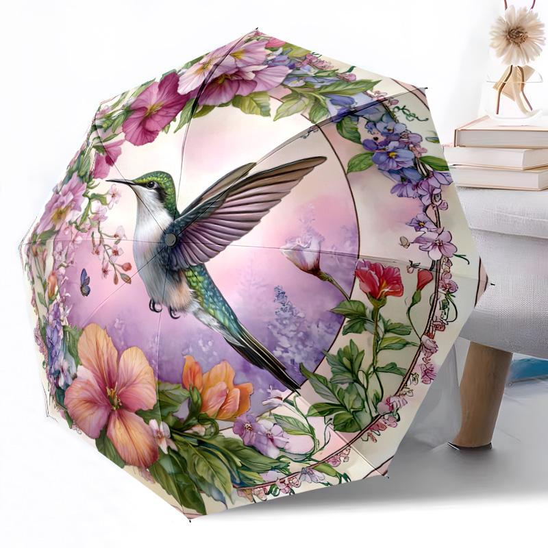 Hummingbirds and Flowers Outdoor Automatic Umbrella Retractable Design with 8-Rib Durability Lightweight Perfect Gift for Friends Family