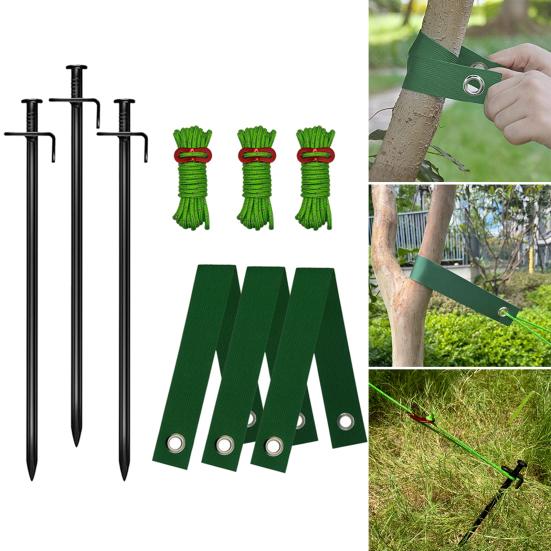 Tree Stake Kit Heavy Duty Young Trees Supports Against Bad Weather Tree Staking Kit with Ground Stakes 4m Ropes Tree Ties for Leaning Trees