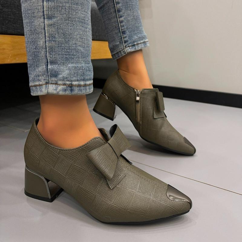 Fashion Soft Leather Block Heel Deep Mouth Single Shoes Women's Pointed Toe Deep Mouth Soft Sole Casual Side Zipper Kitten Heel Shoes