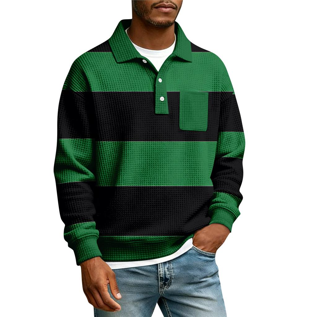 Herren Gestreiftes Einreihiges Langarmhemd Mit Kragen Und Taschen Lässiges Sport-T-Shirt