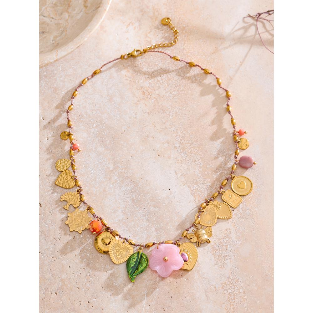 Yhpup Exclusive Stainless Steel Metal Heart Resin Flower Pendant Drop Charms Necklace 2025 Golden PVD Popular Handmade Jewelry