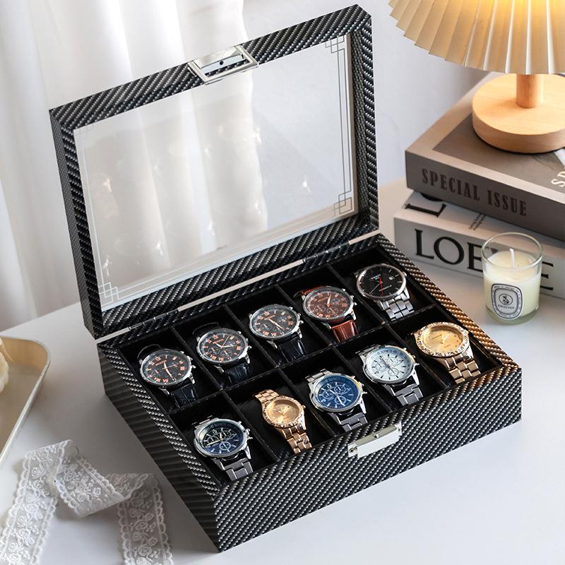 Large Capacity Carbon Fiber Watch Display Box with Transparent Skylight