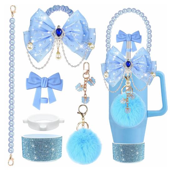 1 Set Tassenmanschette Funkelnde Strasssteine Imitierte Perlen Schleifen-Dekor Tassenzubehör mit Silikon-Bodenprotektor