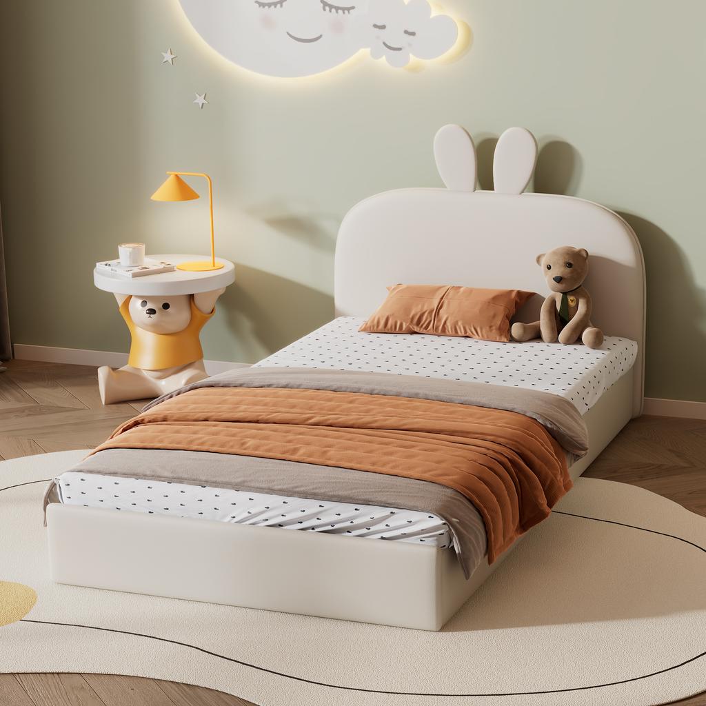 Rabbit Headboard Upholstered Bed, Children's Bed with Wooden Slats, Single Bed, Velvet, Beige, 90x200cm