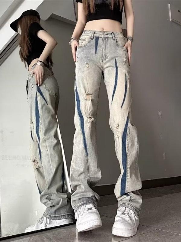 Women's Vintage Washed Ripped Flare Jeans - Loose Straight Leg Summer Pants