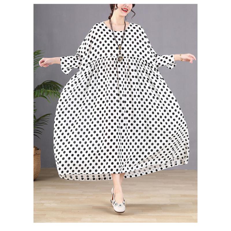 

DIMANAF Женское платье больших размеров 2023, новое летнее стильное платье с длинным рукавом и круглым вырезом, свободное платье с цветочным принтом, зеленые льняные базовые платья one size белый