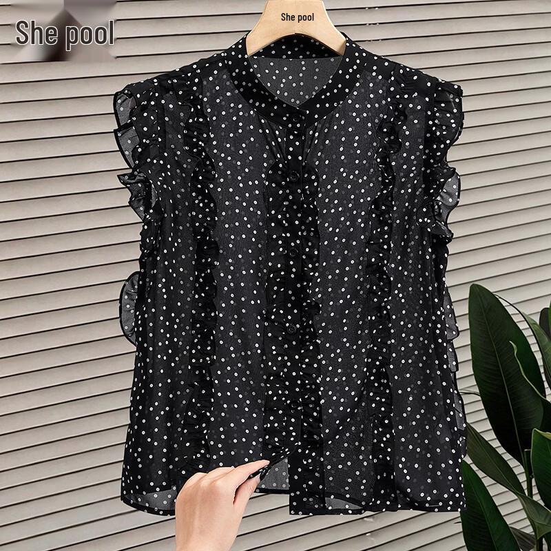 Women s French Style Polka Dot Ruffle Blouse S