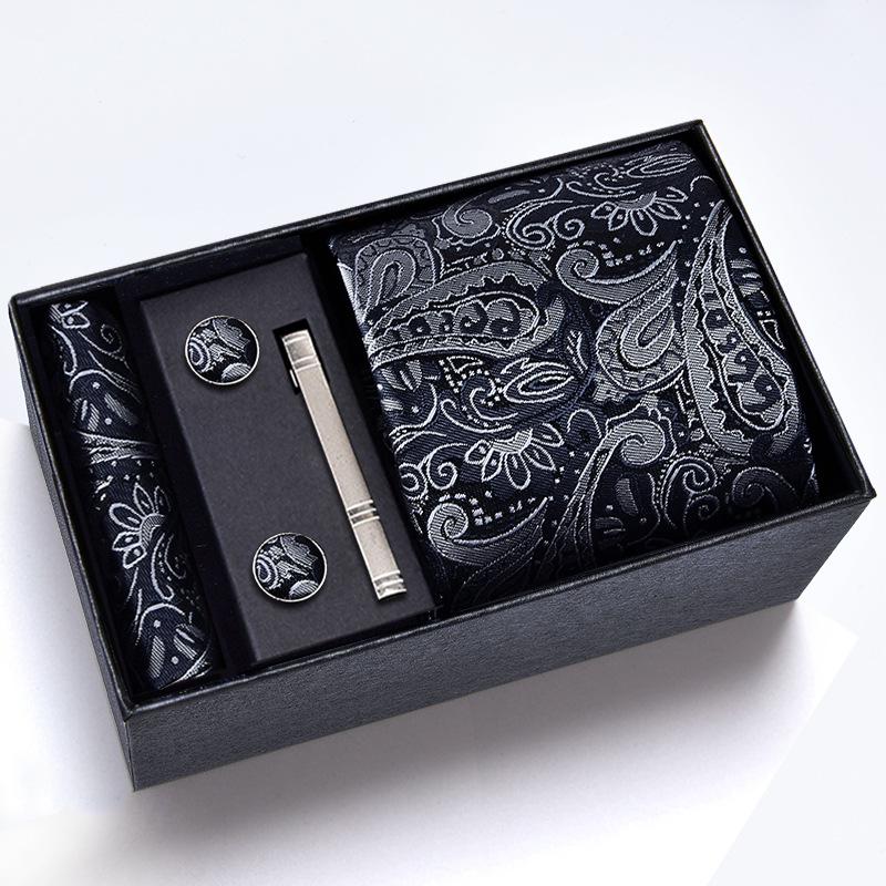 Men's Formal Tie Gift Box: Five-Piece Set with Logo, 8cm Striped Black for Weddings and Business 