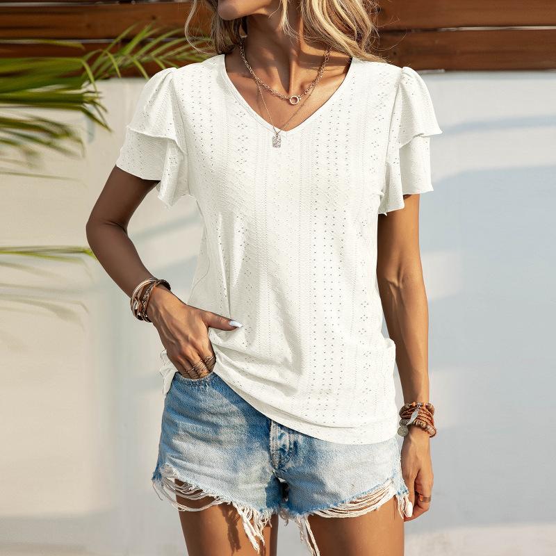 Vară, decolteu în V, frunze de lotus, mâneci, tricou casual, cu mâneci scurte, de culoare solidă