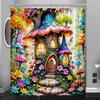 Enchanted Forest Mushroom House Shower Curtain - Whimsical Fairy Tale Design, Vibrant Flowers & Mushrooms, Reversible Polyester
