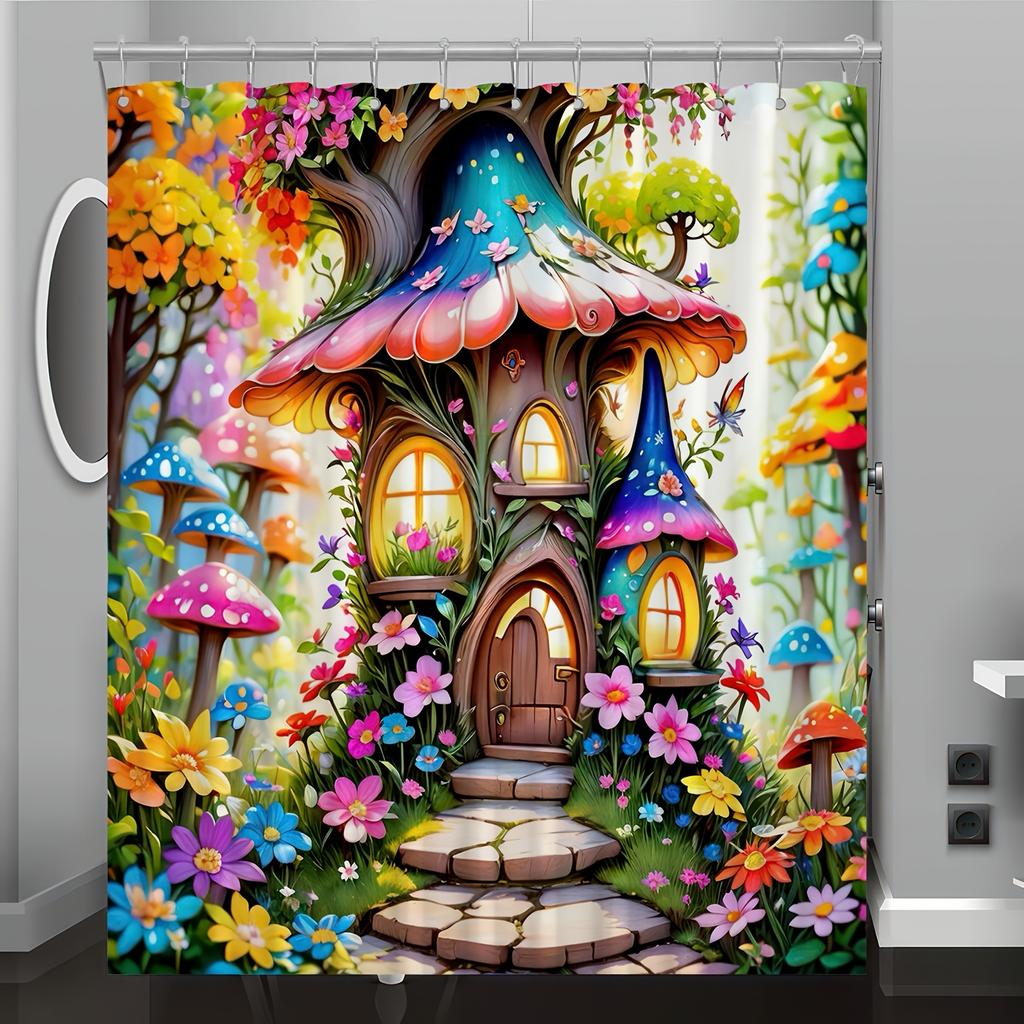 Enchanted Forest Mushroom House Shower Curtain - Whimsical Fairy Tale Design, Vibrant Flowers & Mushrooms, Reversible Polyester