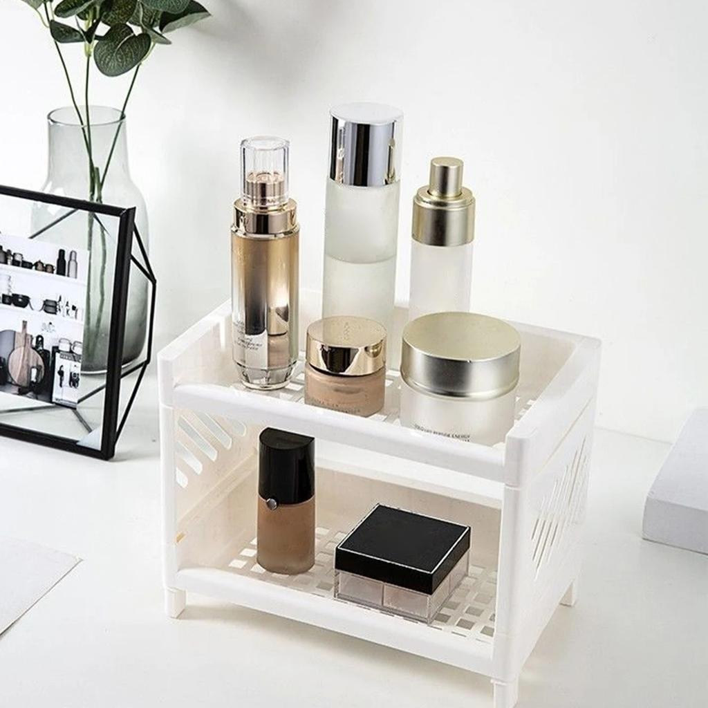 1PC PP Desktop Double Layer Storage Rack Rectangular White Organizing Student Desk Office Cosmetics Stationery