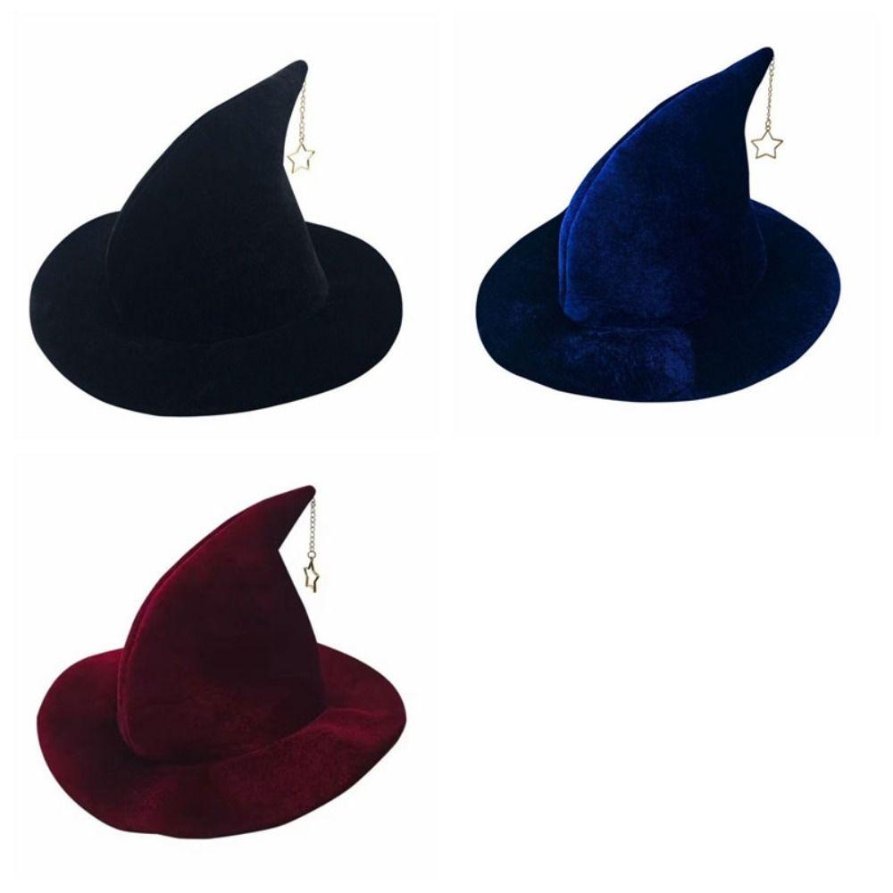 Star Pendant Wool Bucket Hat Solid Color Halloween Hat Vintage Witch Hat Party