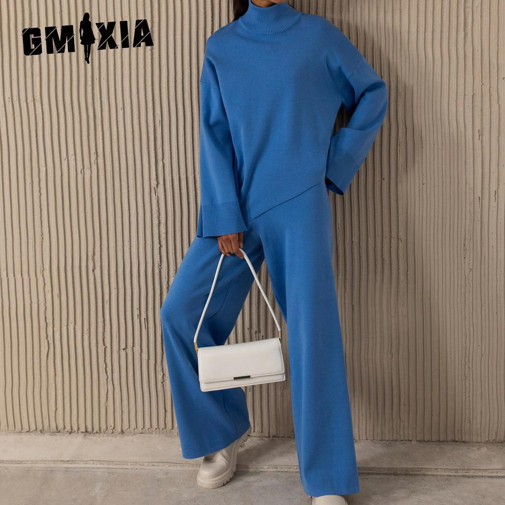 GMXIA Women's Half Turtleneck Sweater Set Irregular Bevelled Sweater + Knitted Wide Leg Pants Two Piece Set