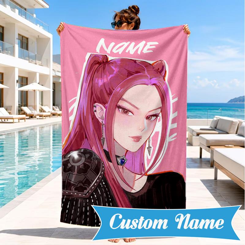 Custom Name KPop Pink Fashion Beach Towel Microfiber Beach Towel, Lightweight and Quick-Dry, for Summer Travel, Swimming Pool Gift