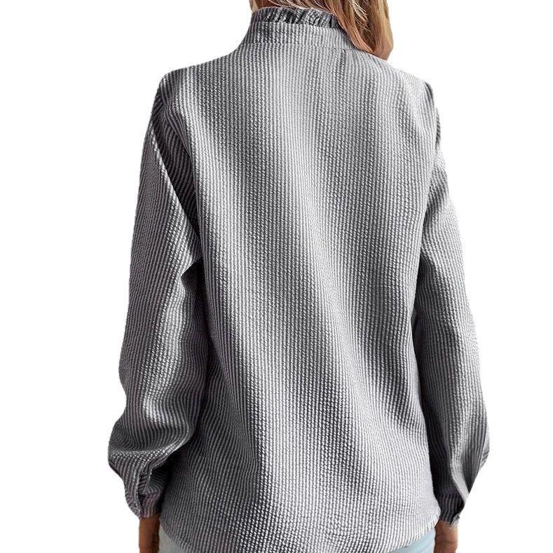 European & American Women's Striped Ruffle Long Sleeve Bubble Shirt - Autumn 2023 Collection