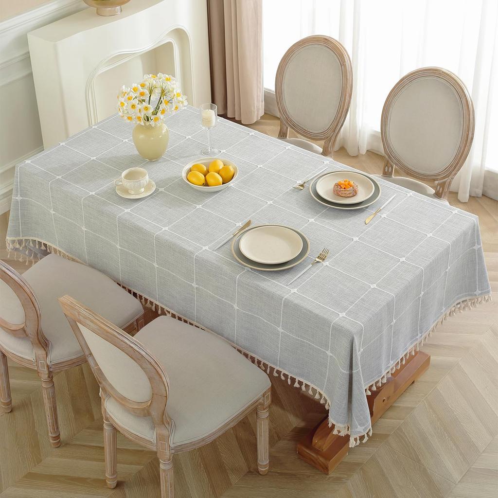 Plaid Table Cloth Rectangle Table, Cotton Linen Tablecloths Farmhouse Tablecloth, Soft and Wrinkle Free Table Cover with Tassels