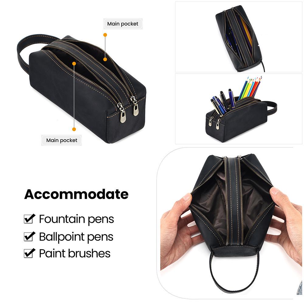 Kabelka psaníčko z pravé kůže Crazy Horse a pouzdro na tužky s dvojitým zipem - Multifunkční kreativní úložný dárek