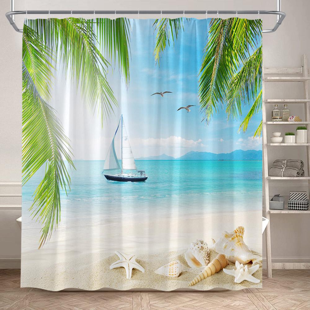 Hawaii Beach Shower Curtain Tropical Palm Leaves Blue Ocean Summer Holiday Nature Scenery Bathroom Curtains Polyester Home Decor