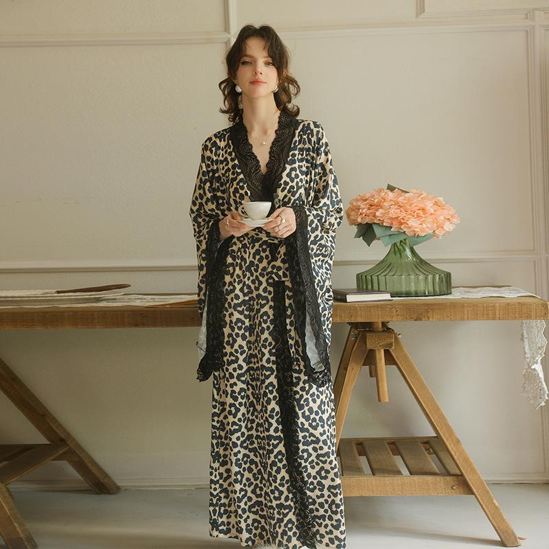 Leopard Print Lace Patchwork Robe with Flare Sleeves - Women's Tie-Up Bathrobe, Sexy Homewear