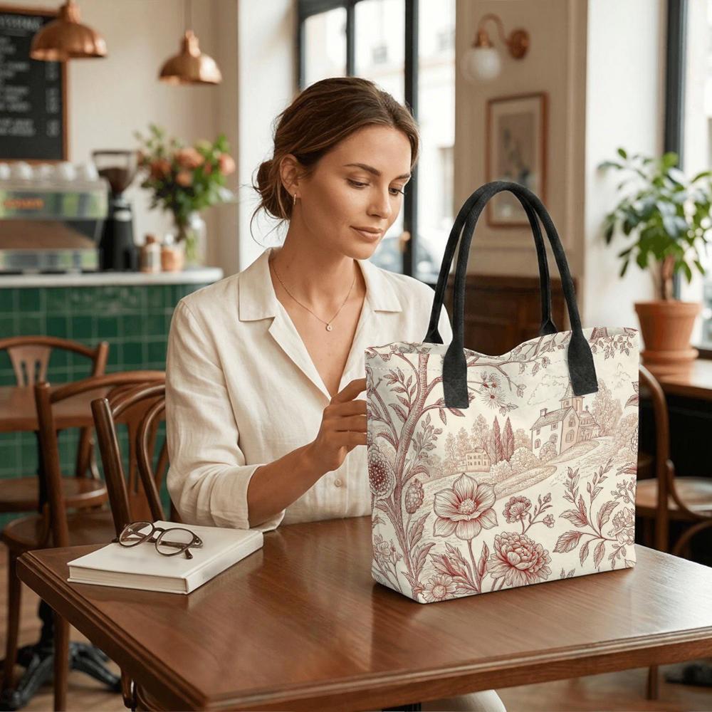 Vintage Floral Pattern Tote Bag Large Capacity Daily Use Canvas Shoulder Bag for Women