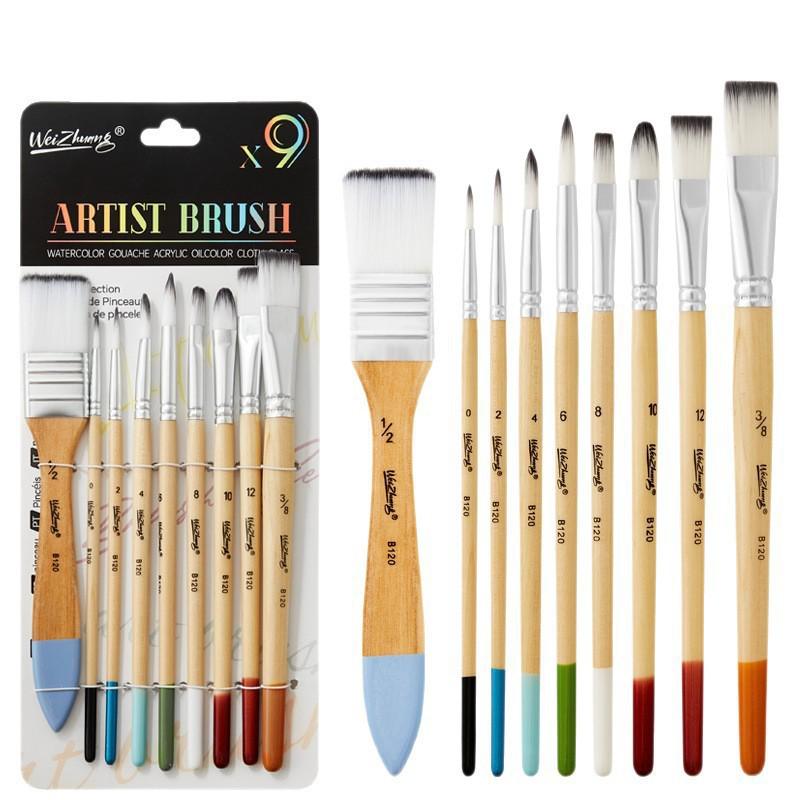 Foreign Trade Nylon Painting Brush Set - 10 Pieces, Red & Blue Handles, Flat Gouache & Oil Brushes