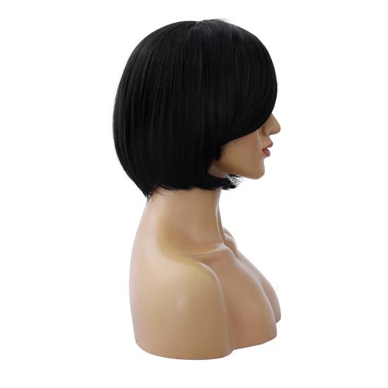 Women Tilted Frisette Short Black Straight Hair Extension Party Cosplay Wig