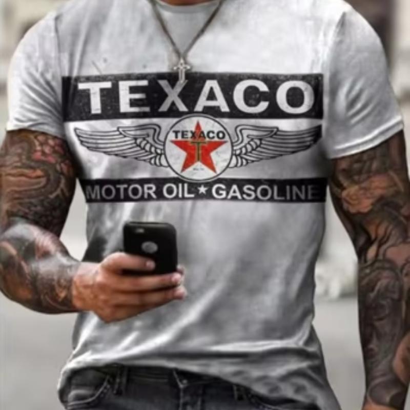 Ny herre-t-skjorte Texaco Bensin+Motorolje Bokstaver 3D-trykt Kortermet Sommer Oversized Rund hals Retro Herre-t-skjorte
