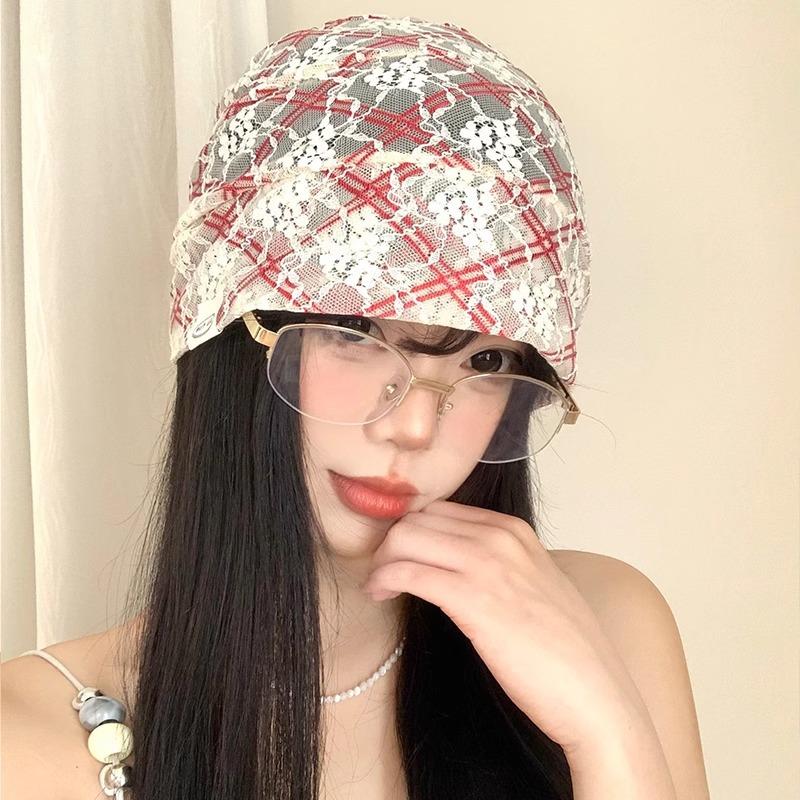 

Women s Summer Breathable Thin Floral Lace Head Scarf Hat Premium Slouchy Hat Korean Style Versatile Head Covering Hat Beanie one size лавандовий