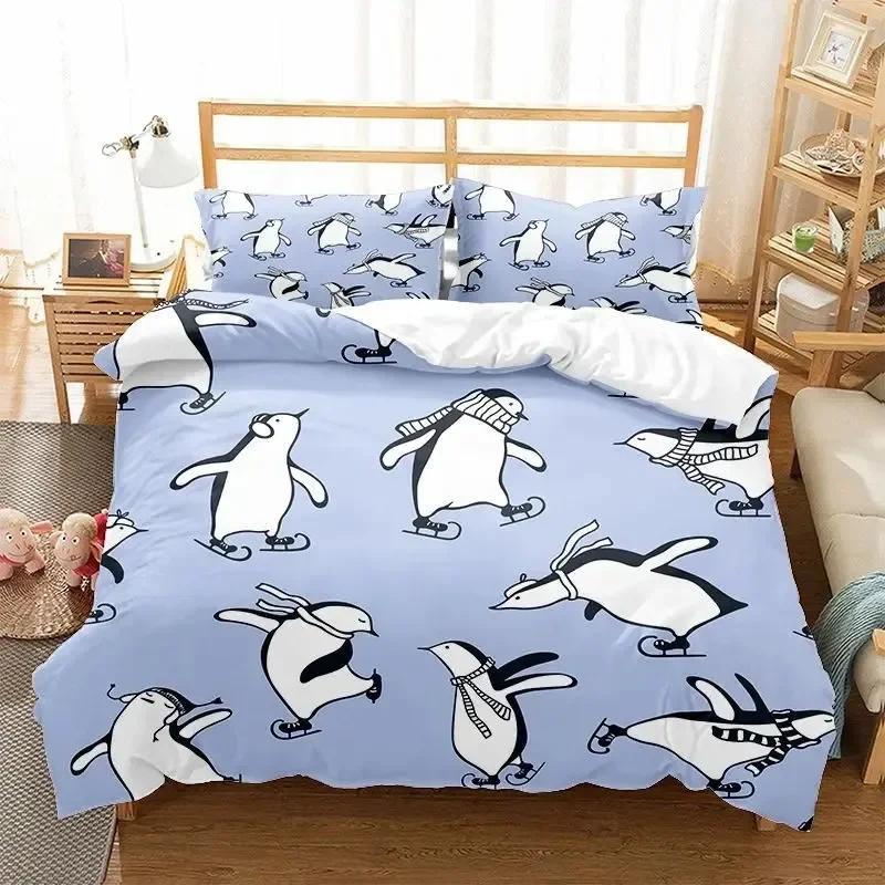 Cartoon Penguin Comfortable Duvet Quilt Cover Pillowcase Bedding Set Children Home Textile Antarctic Animal Illustration